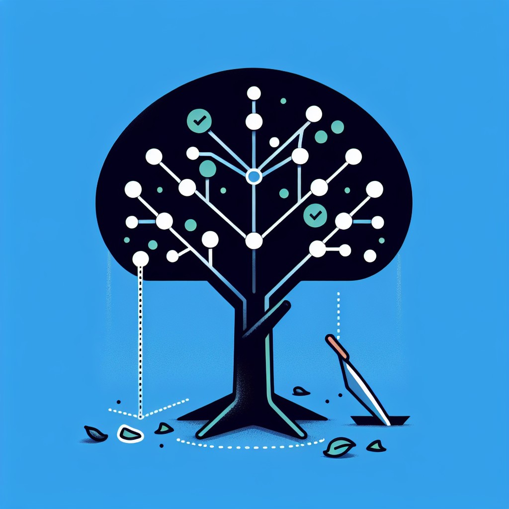 Illustration montrant un arbre de décision avec branches simplifiées, symbolisant le concept de pruning et amélioration des modèles.