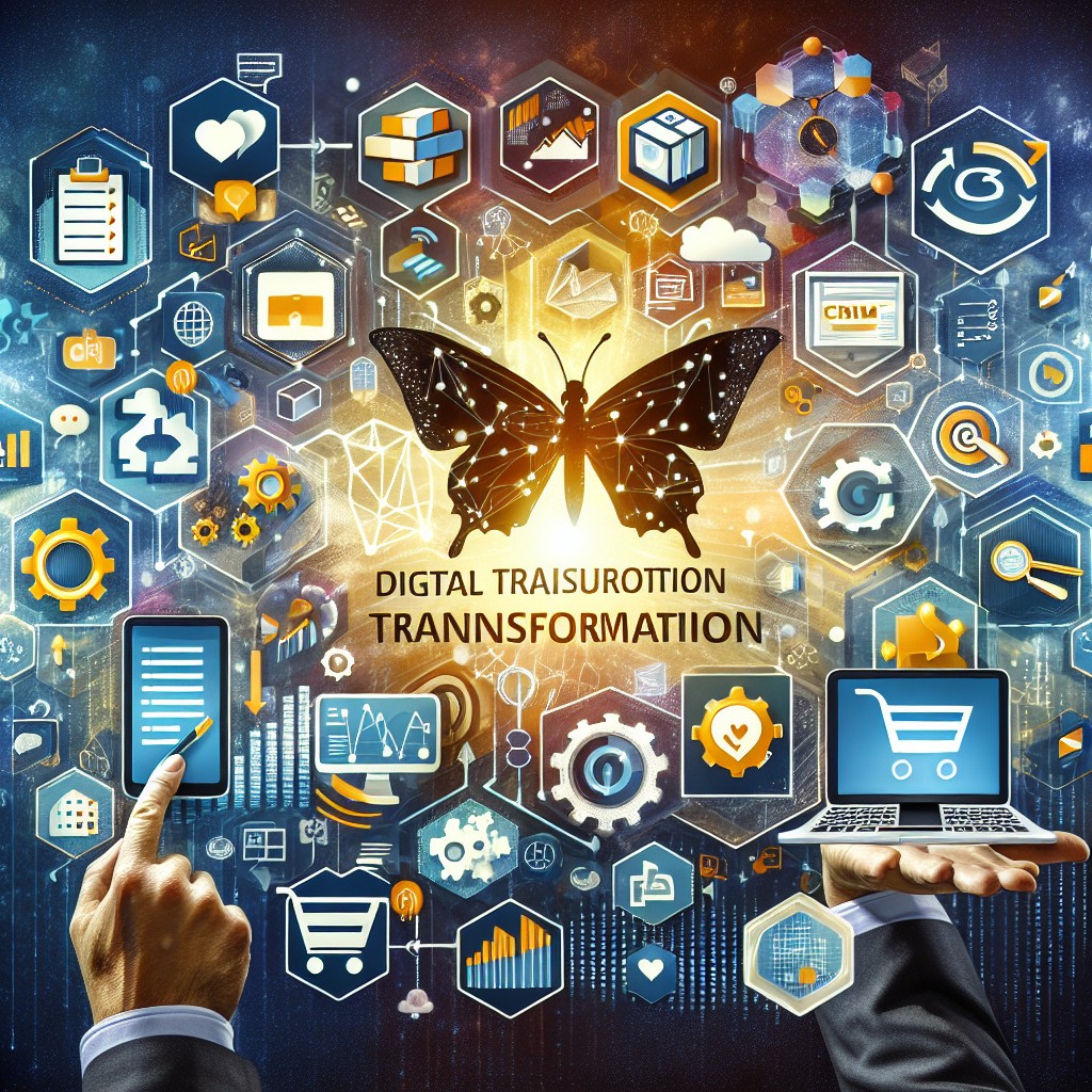 Image de couverture montrant la transformation digitale avec des éléments de CRM et e-commerce.