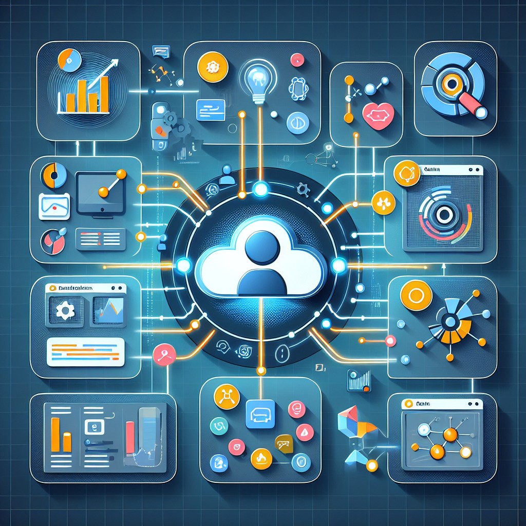 Illustration d'un CRM moderne intégré avec machine learning, montrant des flux de données et des analyses en temps réel.