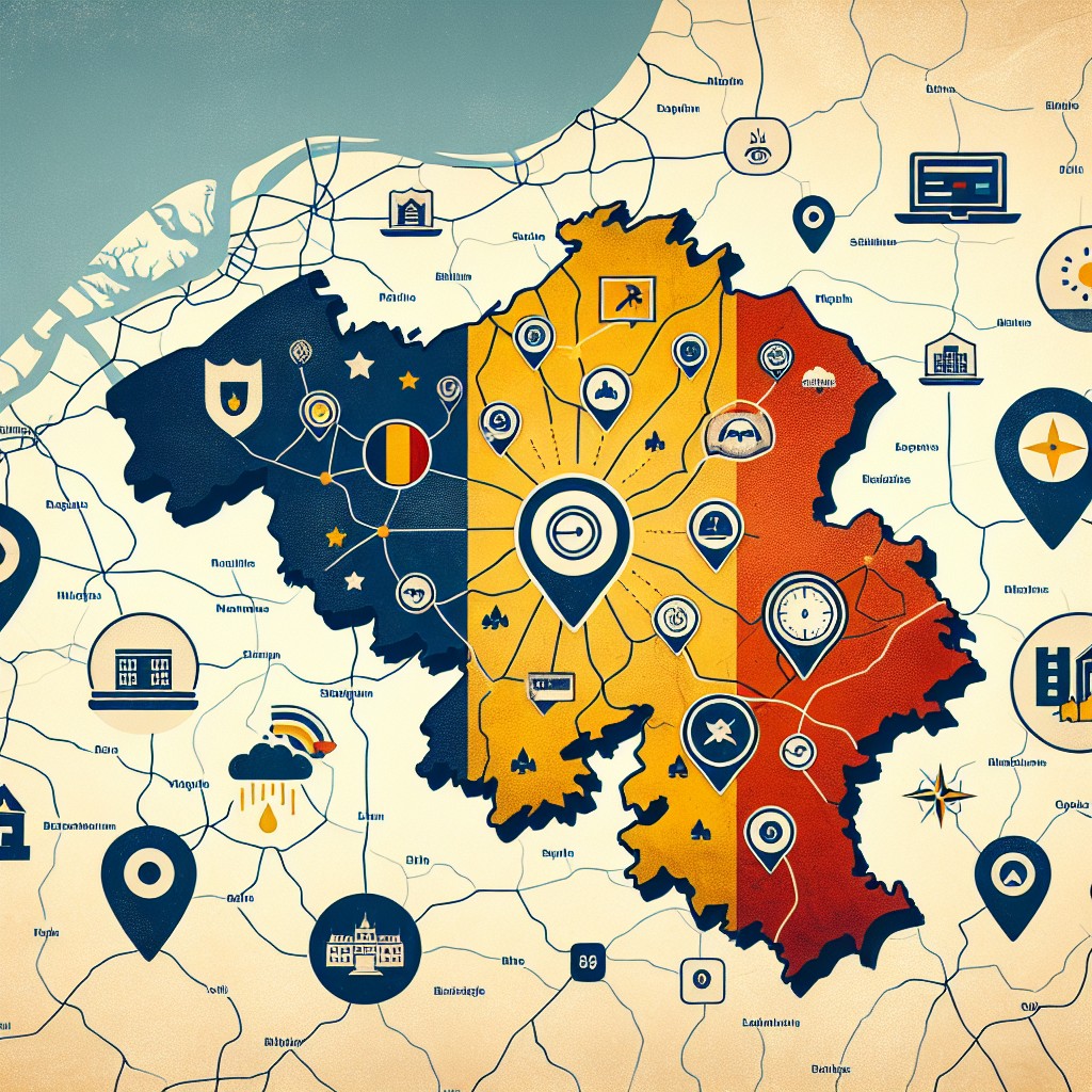 Carte de la Belgique avec des icônes symbolisant les différentes stratégies SEO locales