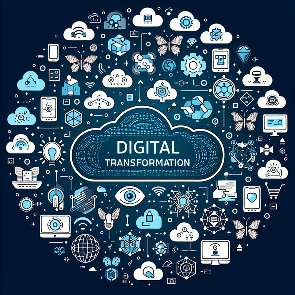 Illustration représentant la transformation digitale avec des icônes de technologies modernes.