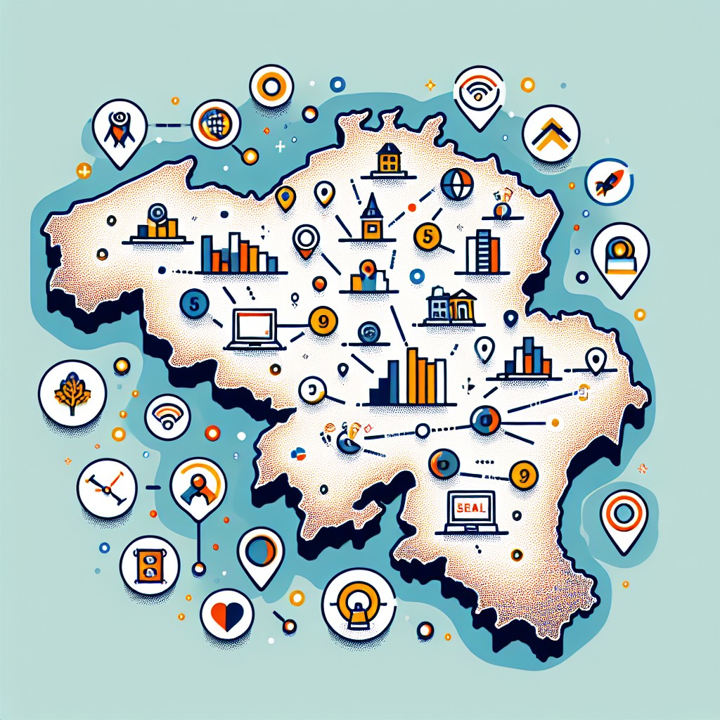 Image de couverture montrant une carte de la Belgique avec des icônes SEO détaillant la visibilité des entreprises locales.