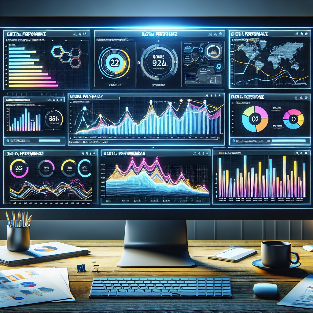 Une vue dynamique de plusieurs écrans d'ordinateurs affichant des graphiques de performance numérique, représentant une présence digitale active pour les entreprises en Wallonie.