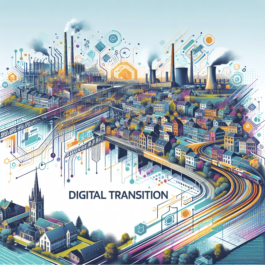 Image de couverture représentant la transition numérique avec des éléments digitaux intégrant des paysages industriels et urbains de Wallonie.