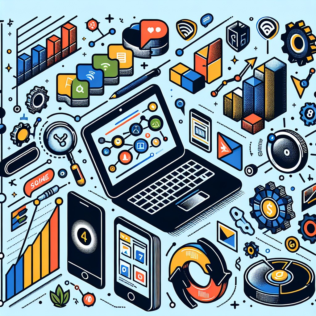 Image de couverture illustrant les outils du marketing digital pour PME avec des icônes de réseaux sociaux, un ordinateur portable, et des graphiques de croissance.