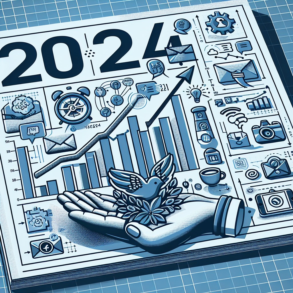 Image de couverture illustrant l'importance du marketing digital pour les PME en 2024, avec des graphiques et des icônes de réseaux sociaux.