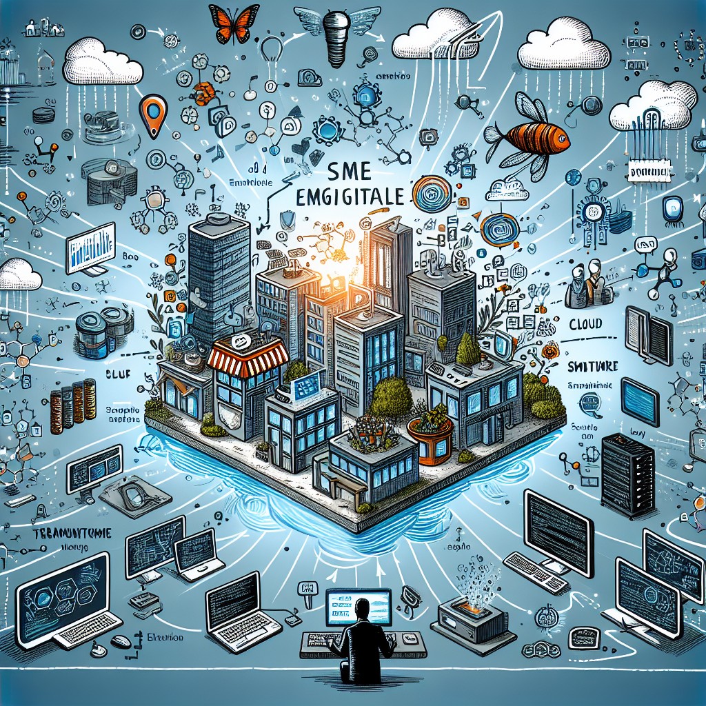 Image de couverture illustrant une PME s'immergeant dans le monde digital avec des éléments technologiques