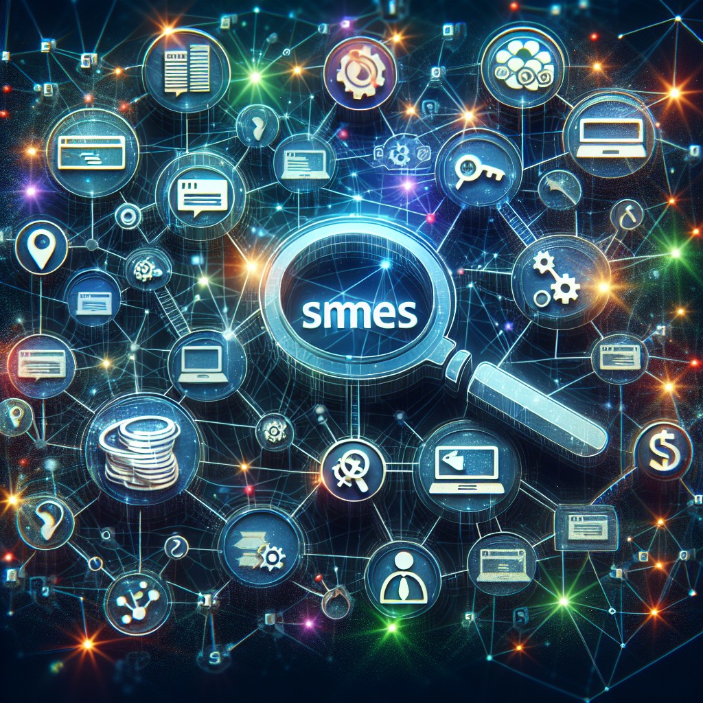 Vue créative d'un moteur de recherche avec des icônes de mots-clés et des PME connectées.