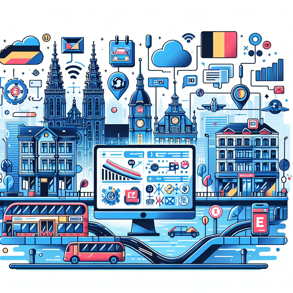 Illustration d'une stratégie de marketing de contenu multilingue en Belgique, avec des graphiques et des icônes numériques.