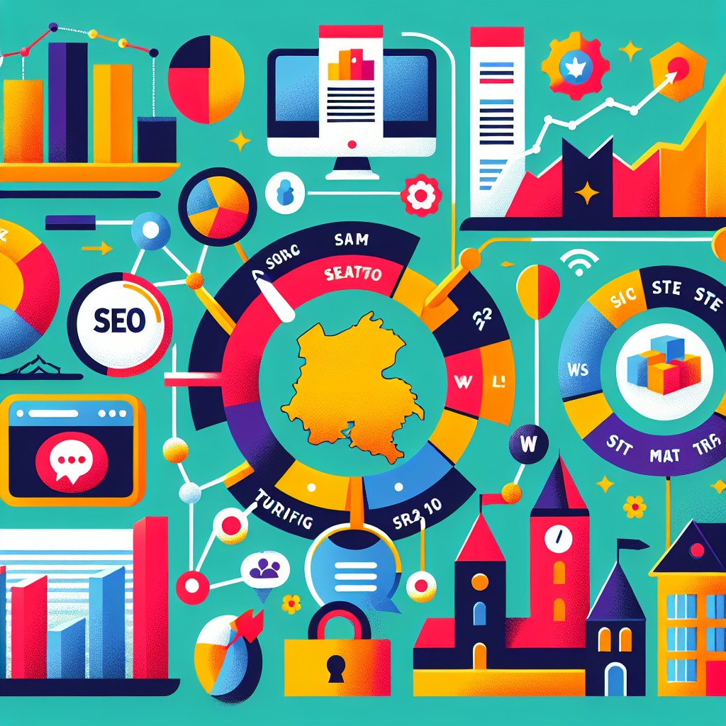 Graphique coloré illustrant les différents aspects du SEO et leur impact sur les entreprises wallonnes