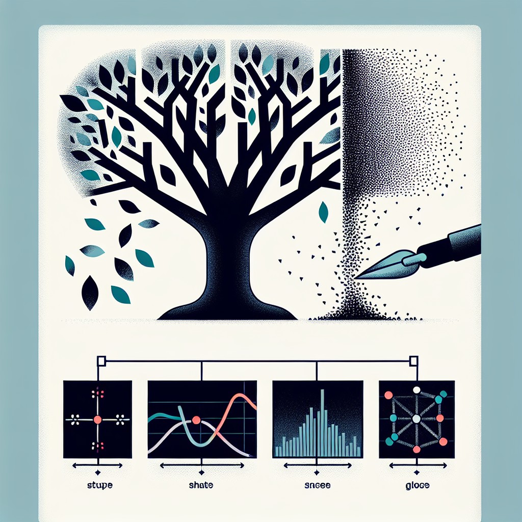 Une illustration symbolique d'un arbre de décision subissant un élagage, combinée avec des graphiques de validation croisée.