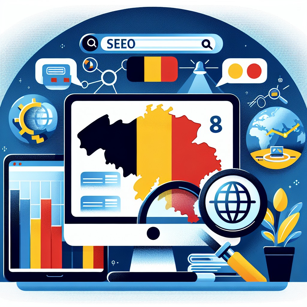 Alt text: Illustration représentant l'optimisation SEO en Belgique avec des éléments de design relatifs aux moteurs de recherche et au marché multilingue.