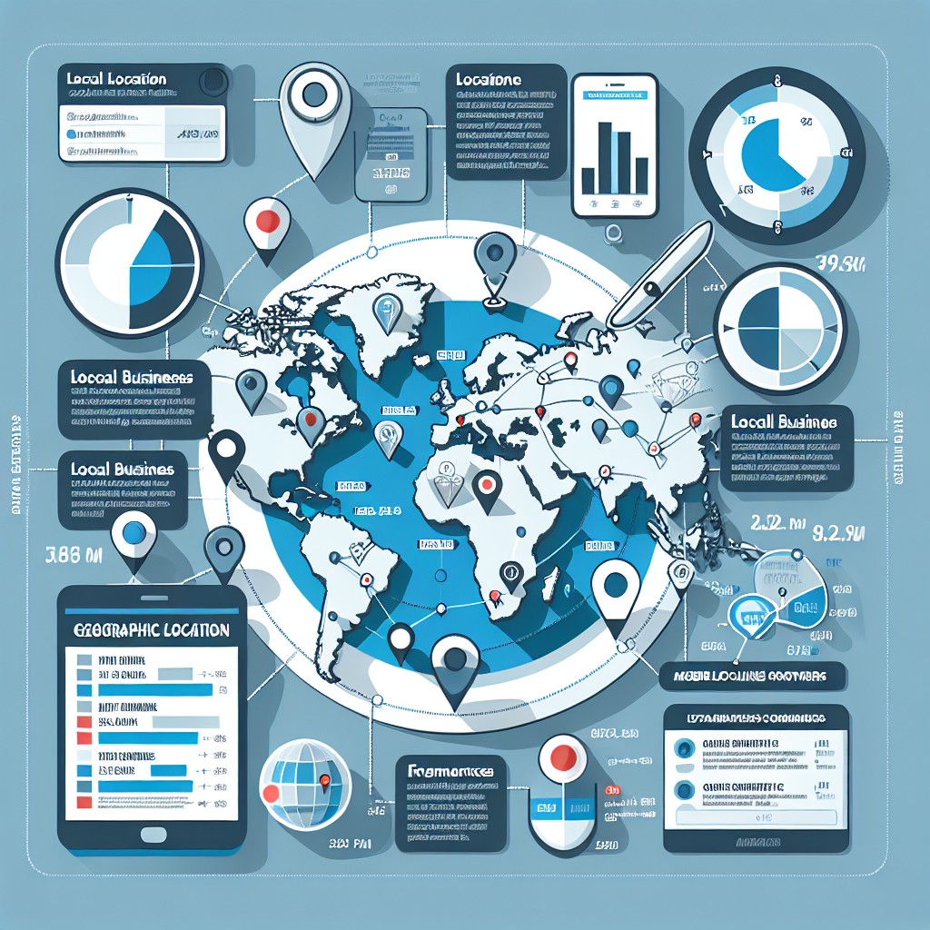 Un graphique représentant l'importance de la localisation géographique dans le référencement en ligne, avec des entreprises locales connectant avec des clients mobiles.