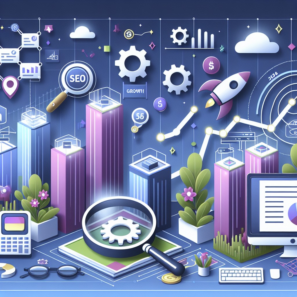 Illustration représentant l'importance du SEO pour les entreprises en 2024, montrant des graphiques de croissance et des éléments de marketing digital.