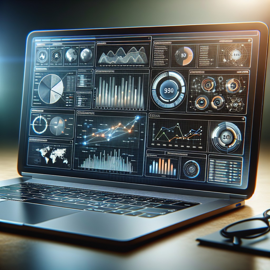Aperçu d'un ordinateur portable affichant un tableau de bord d'analyse SEO moderne avec des graphiques et des diagrammes.