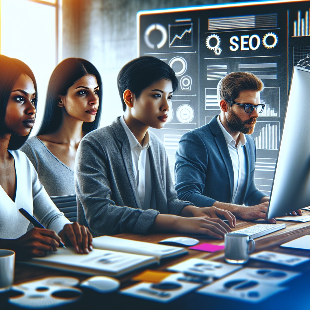 Image de couverture montrant des professionnels travaillant sur l'optimisation des moteurs de recherche (SEO), avec un ordinateur affichant des graphiques SEO et des outils d'analyse.