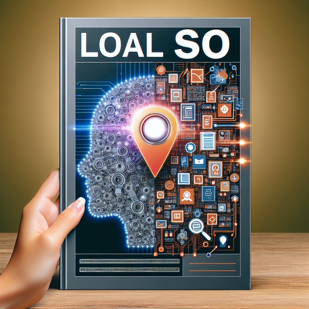 Image de couverture montrant une intersection entre SEO local et intelligence artificielle, illustrée par des graphiques et icônes technologiques.