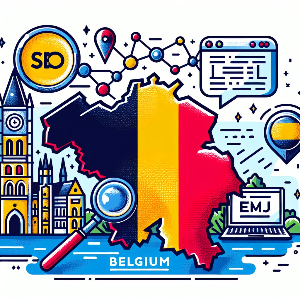 Une illustration représentant la Belgique avec des éléments symbolisant le SEO local, comme une carte géographique et des icônes de balises HTML.