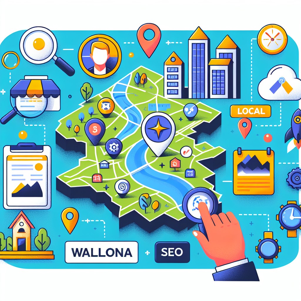 Image illustrant le SEO local en Belgique avec des éléments comme la carte de la Wallonie, des entreprises locales, et des icônes d'optimisation SEO.