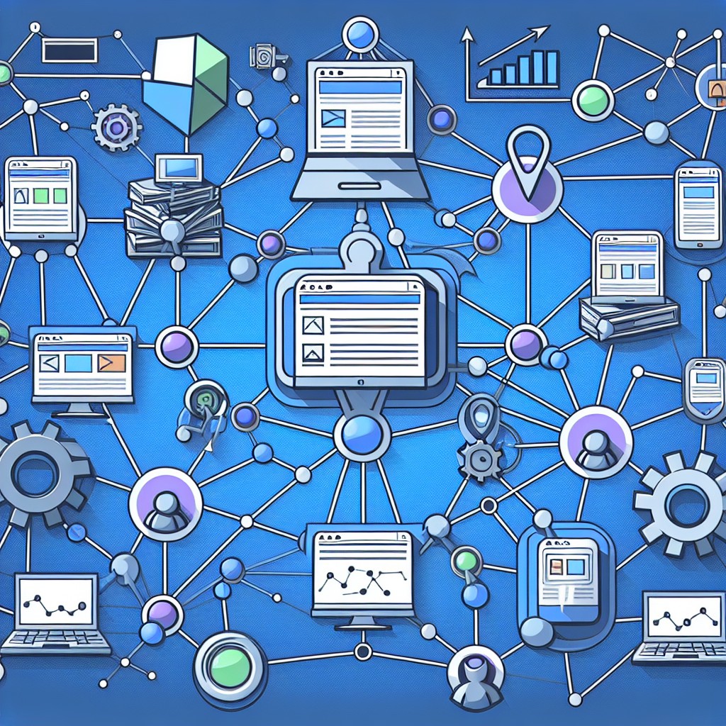 Illustration montrant un réseau de backlinks connectant divers sites web, symbolisant l'importance et la complexité du SEO.