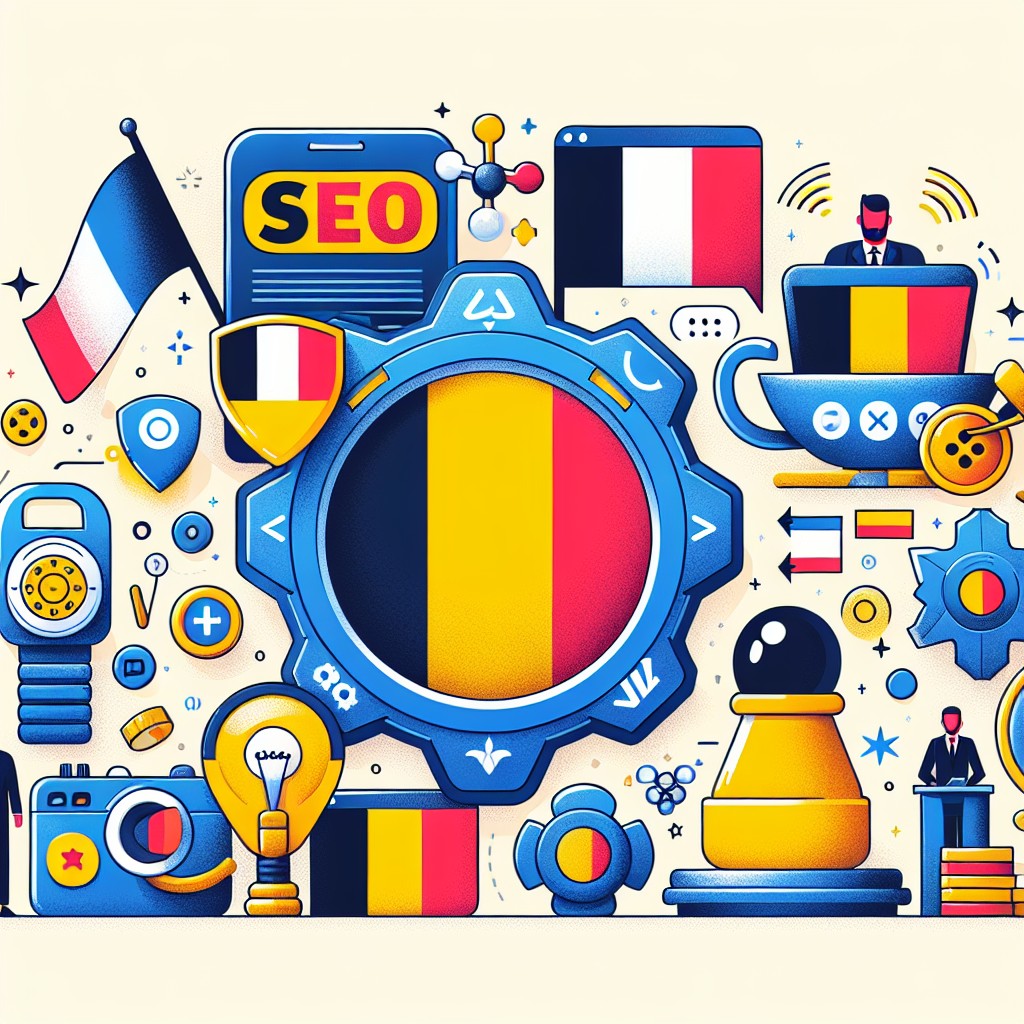 Illustration montrant divers outils SEO adaptés au marché belge avec drapeaux francophones et néerlandophones.