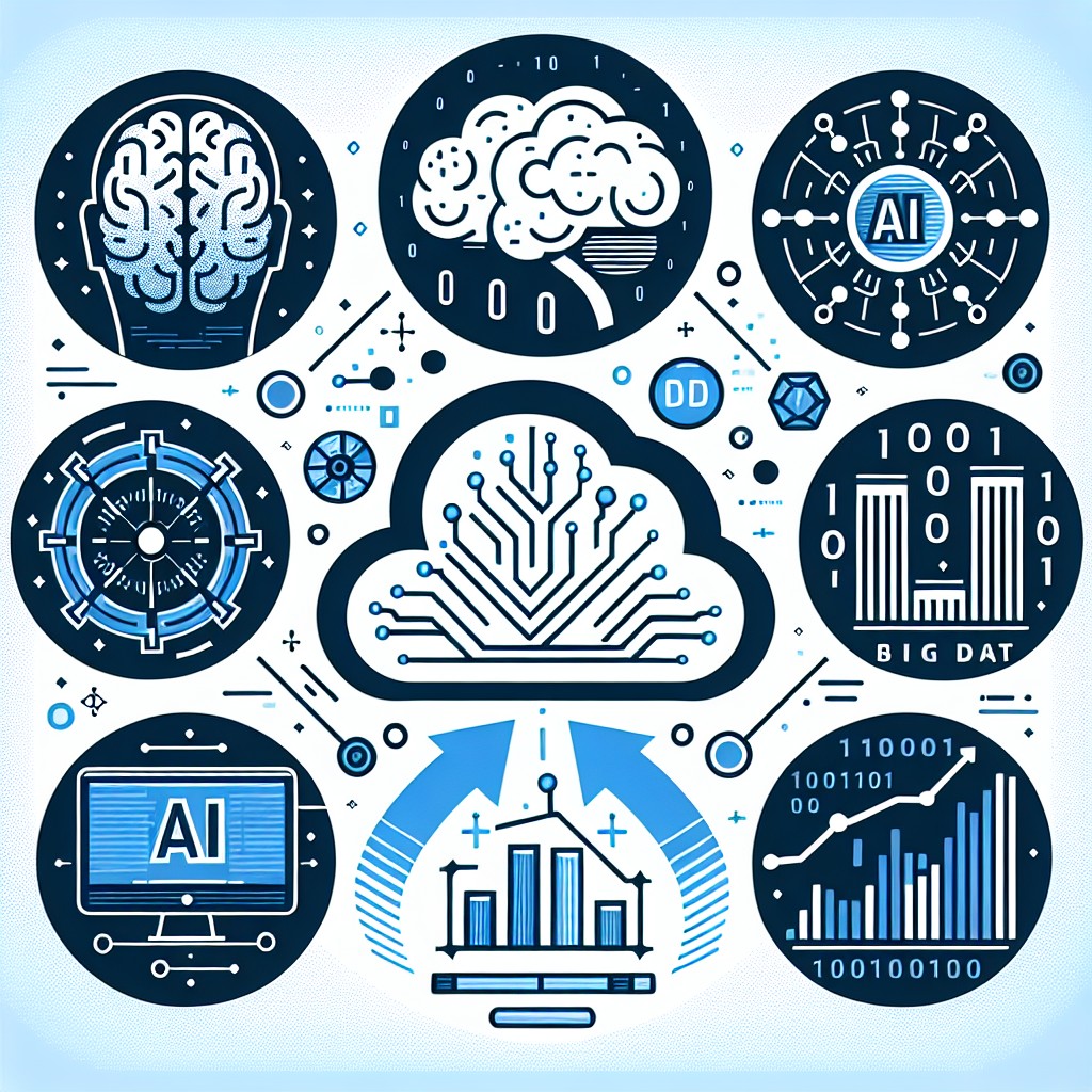 Une illustration représentant les divers éléments de la transformation digitale, incluant des icônes d'intelligence artificielle, de cloud computing, et de Big Data.