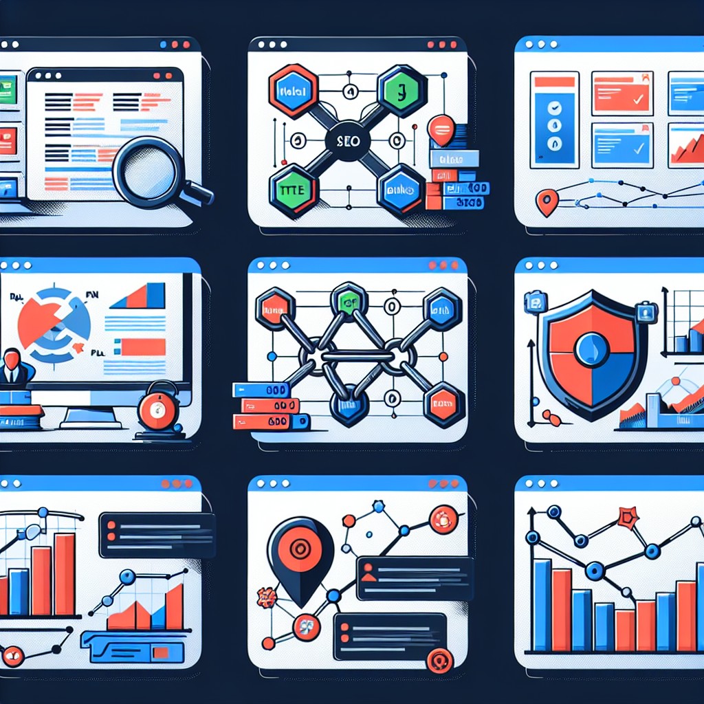 Illustration représentant diverses techniques de SEO, incluant l'optimisation des mots-clés, les backlinks et l'analyse de performance.