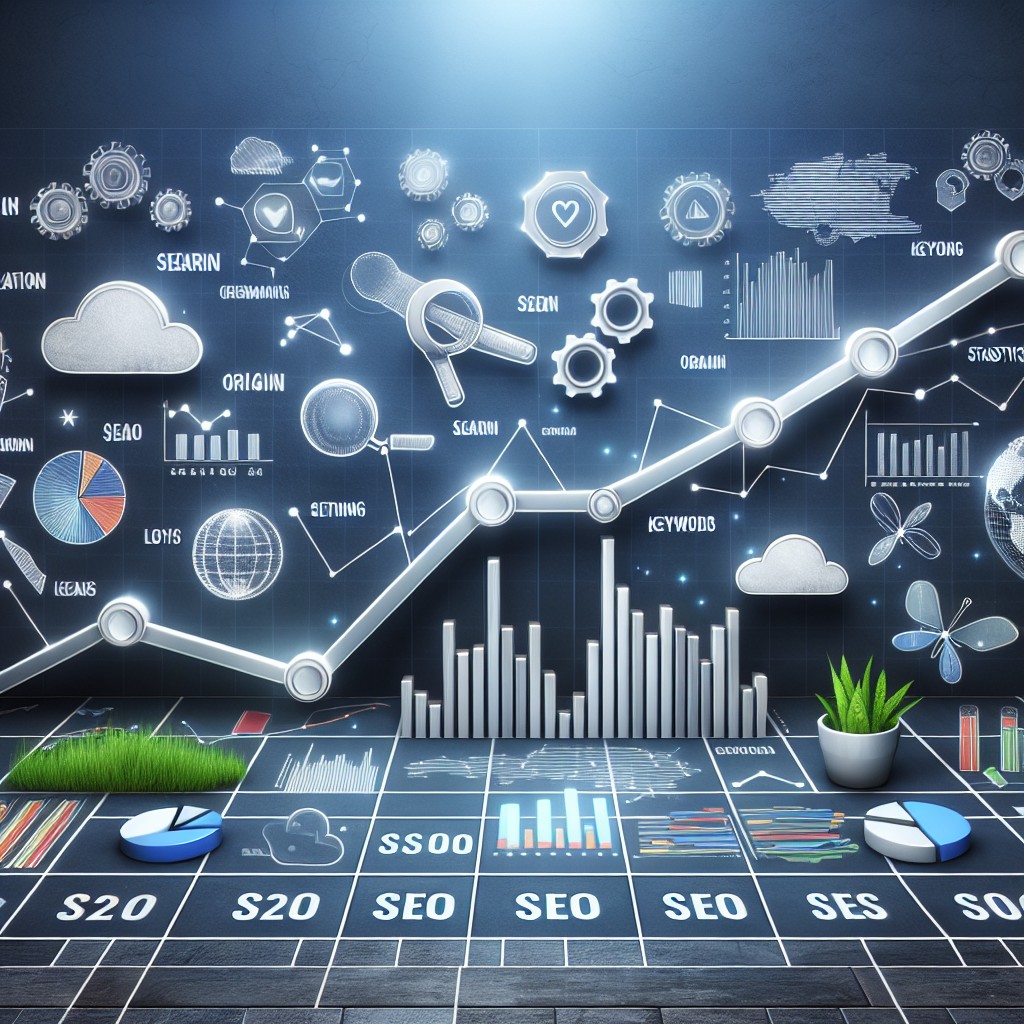 Représentation visuelle de l'optimisation pour les moteurs de recherche, illustrant une courbe ascendante de trafic organique et des éléments SEO tels que des mots-clés et des statistiques.