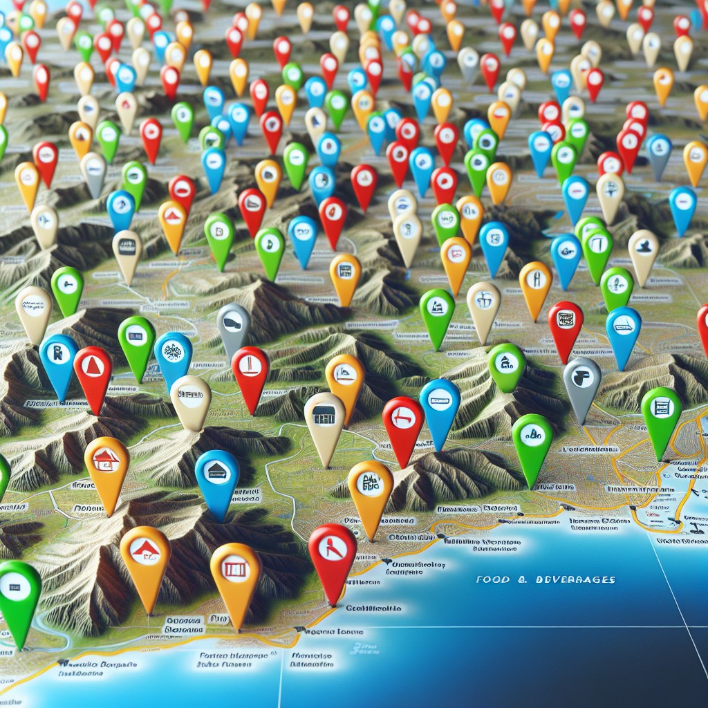 Une carte géographique représentative avec des épingles localisées marquant différentes entreprises locales.