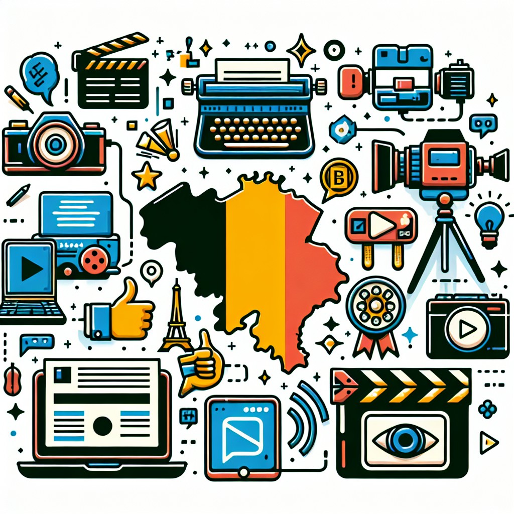 Image illustrant les diverses stratégies de marketing de contenu en Belgique avec des éléments comme des blogs, des vidéos, et des réseaux sociaux.