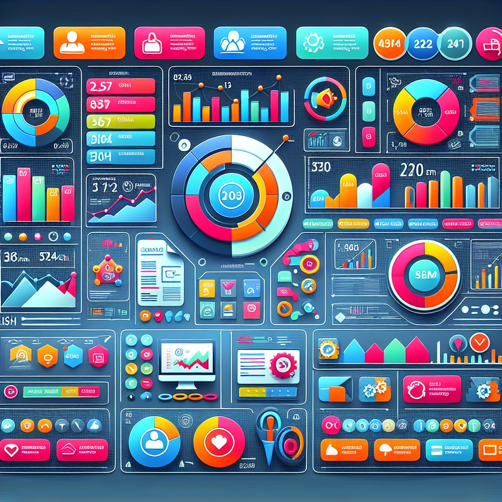 Illustration d'un tableau de bord numérique avec des graphiques et icônes de marketing