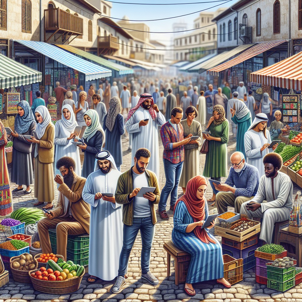 Image de couverture montrant un marché local vibrant avec des personnes utilisant smartphones et tablettes