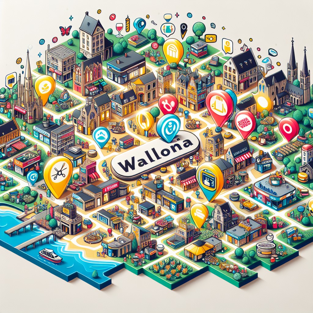 Une carte de la Wallonie avec des icônes de commerces locaux pour illustrer l'impact du SEO local.