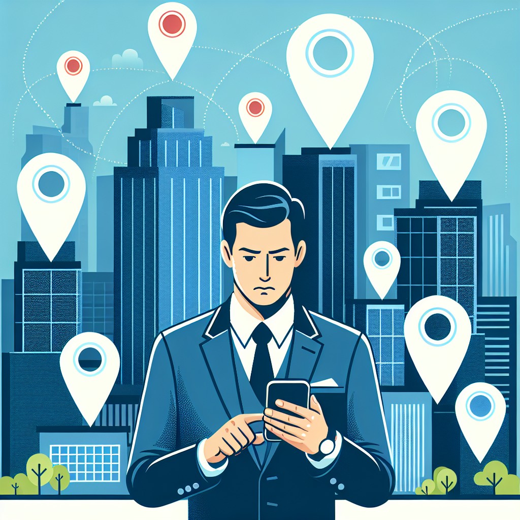 Illustration montrant une ville avec des icônes de localisation et un homme d'affaires consultant son smartphone, symbolisant le SEO local.