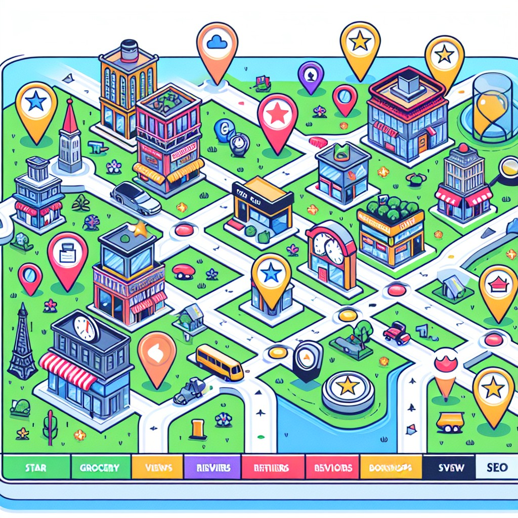 Une carte illustrant les divers aspects du SEO local avec des icônes de magasins et des points de repère