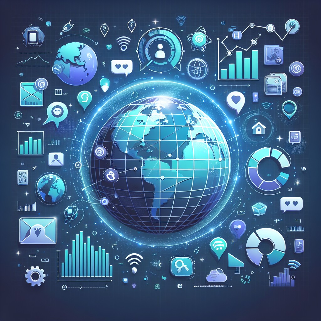 Illustration d'un globe digital avec des icônes des réseaux sociaux et des graphiques de croissance.