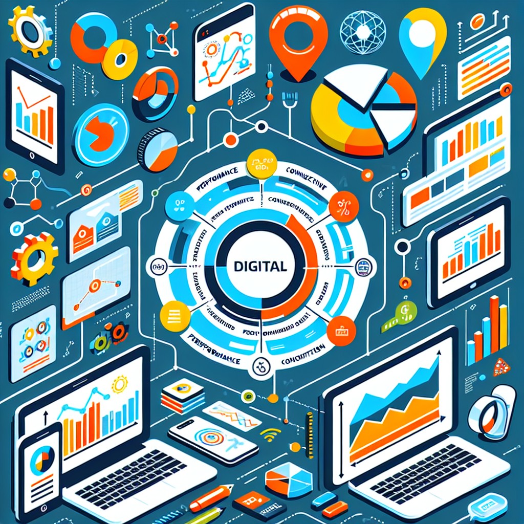 Image représentant des concepts d'optimisation digitale avec des graphiques de performance, des appareils connectés, et des outils analytiques.