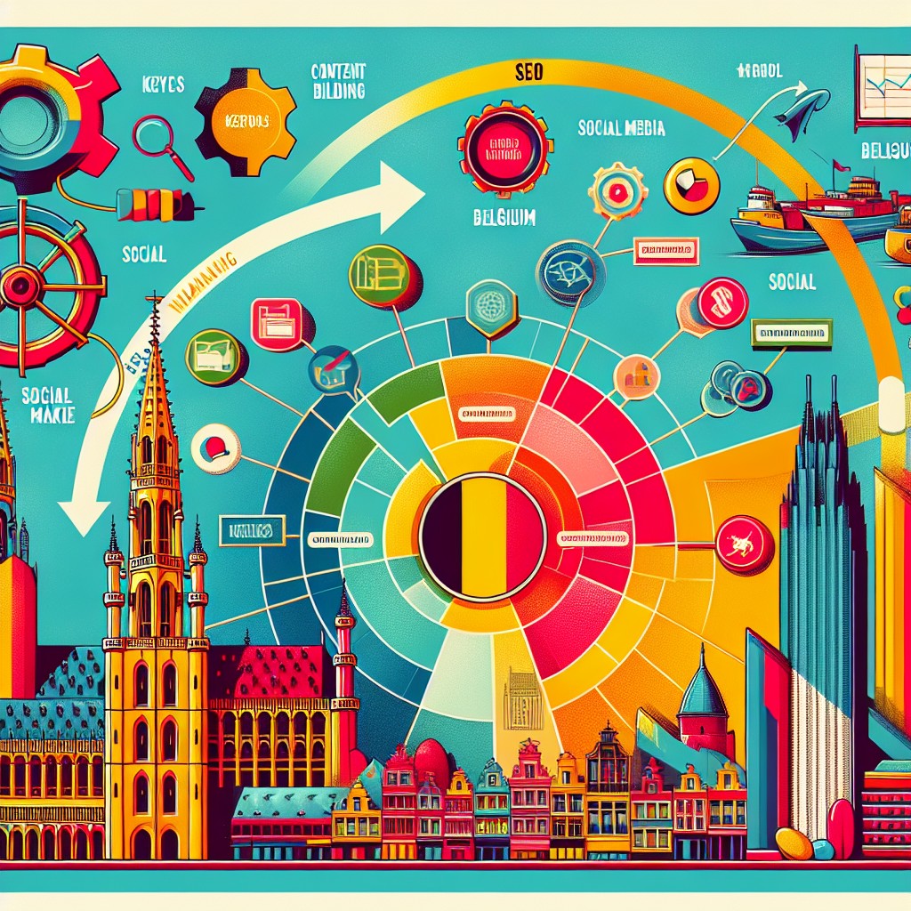 Graphique coloré illustrant les différentes composantes du SEO, avec un focus sur le marché belge