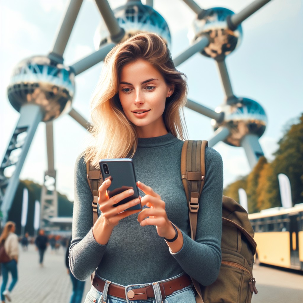 Touriste utilisant une application sur son smartphone devant un monument emblématique de Bruxelles.