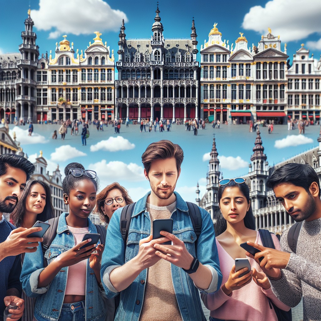 Vue de la Grand-Place de Bruxelles avec des touristes utilisant une application mobile pour suivre une visite guidée.