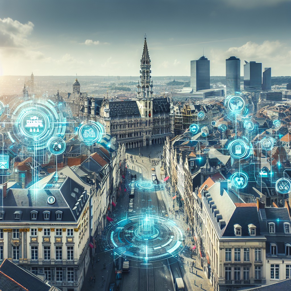 Vue panoramique de Bruxelles avec des éléments de réalité augmentée, symbolisant l'innovation digitale dans le tourisme.