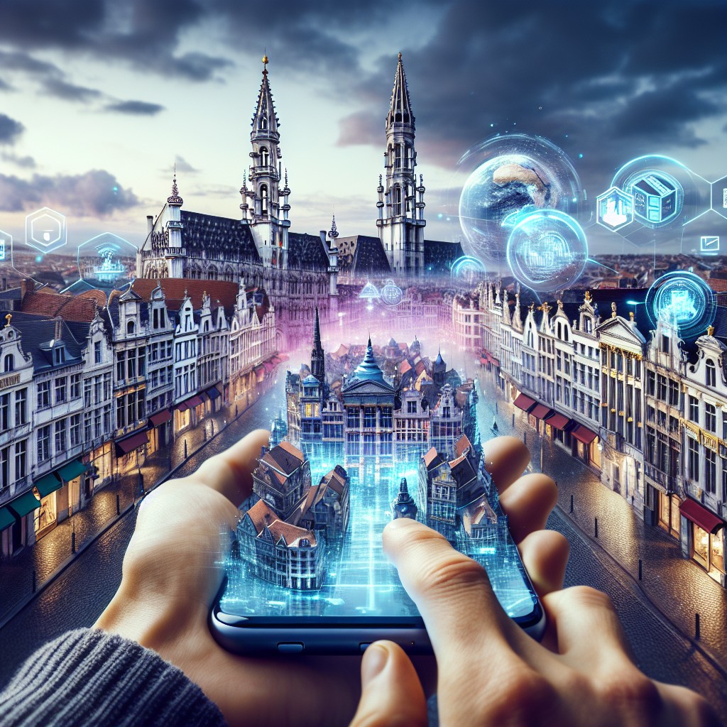 Vue panoramique de Bruxelles intégrant des exemples de technologies digitales utilisées dans le tourisme, comme une carte interactive sur smartphone et des éléments de réalité augmentée.