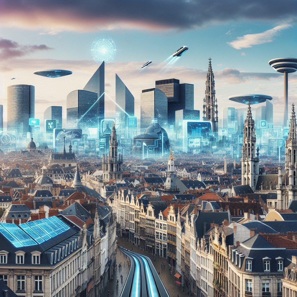 Vue panoramique de Bruxelles avec des éléments technologiques futuristes intégrés dans le paysage