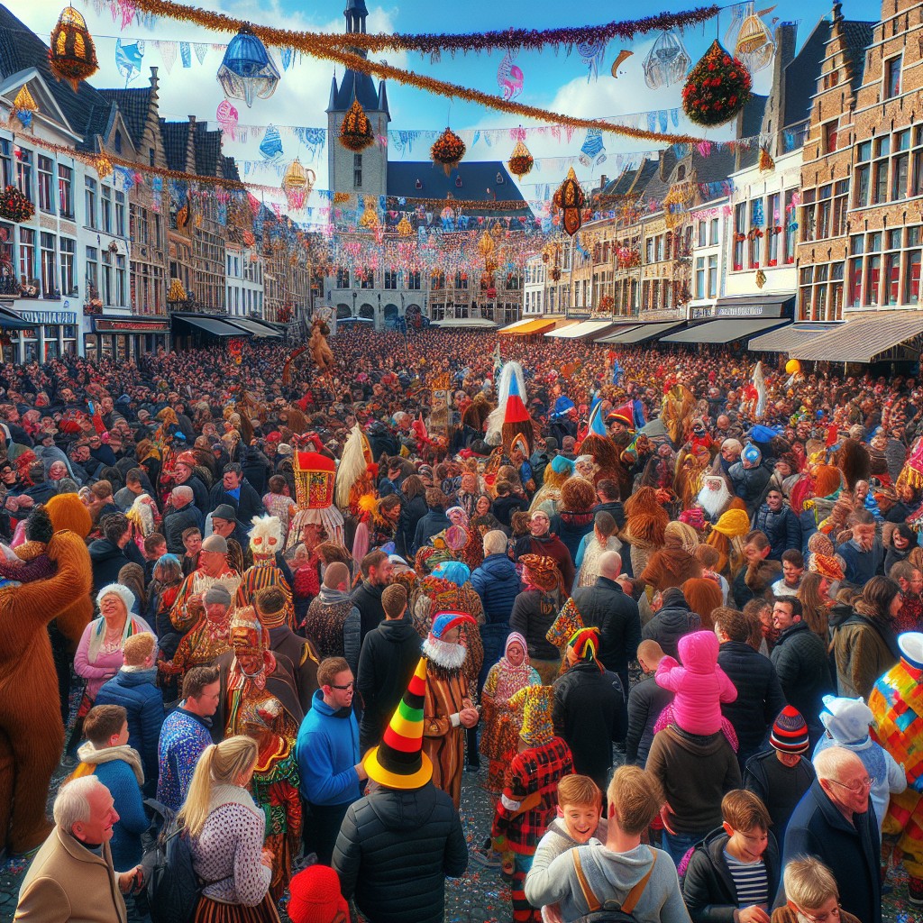 Festive celebration in a vibrant Walloon city square with colorful costumes and decorations.