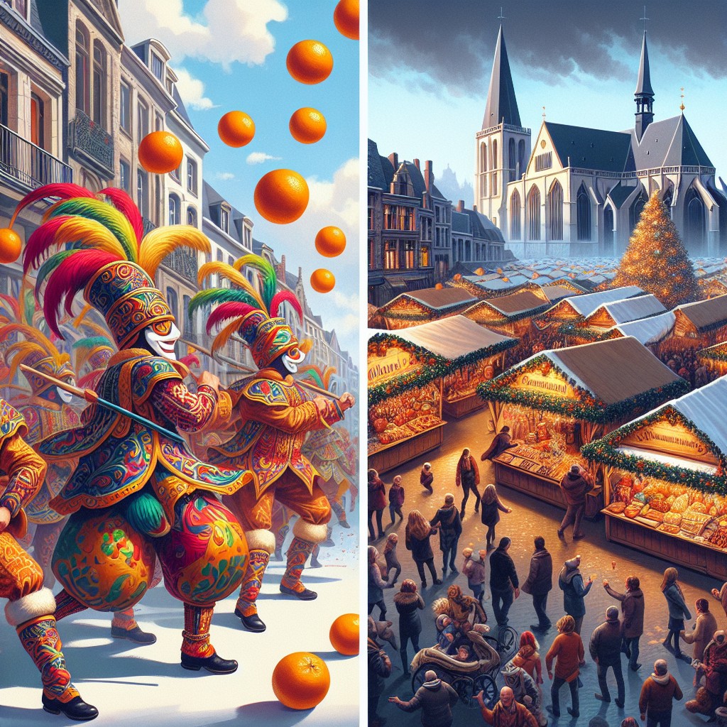 Image de couverture représentant la diversité des célébrations culturelles en Wallonie avec des Gilles du Carnaval de Binche et les marchés de Noël de Namur.