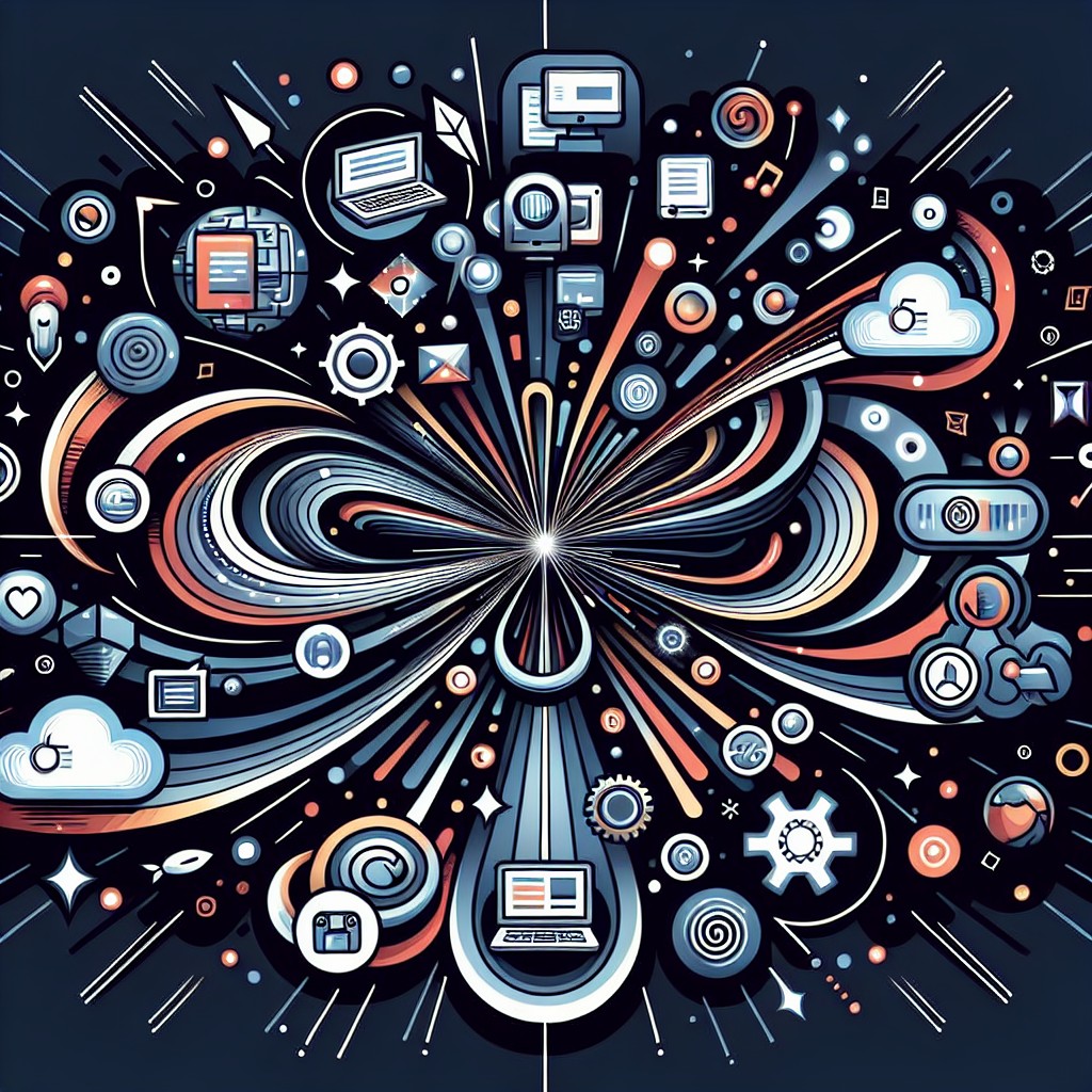 Une illustration stylisée d'éléments digitaux convergeant vers un centre, symbolisant une stratégie numérique optimisée.