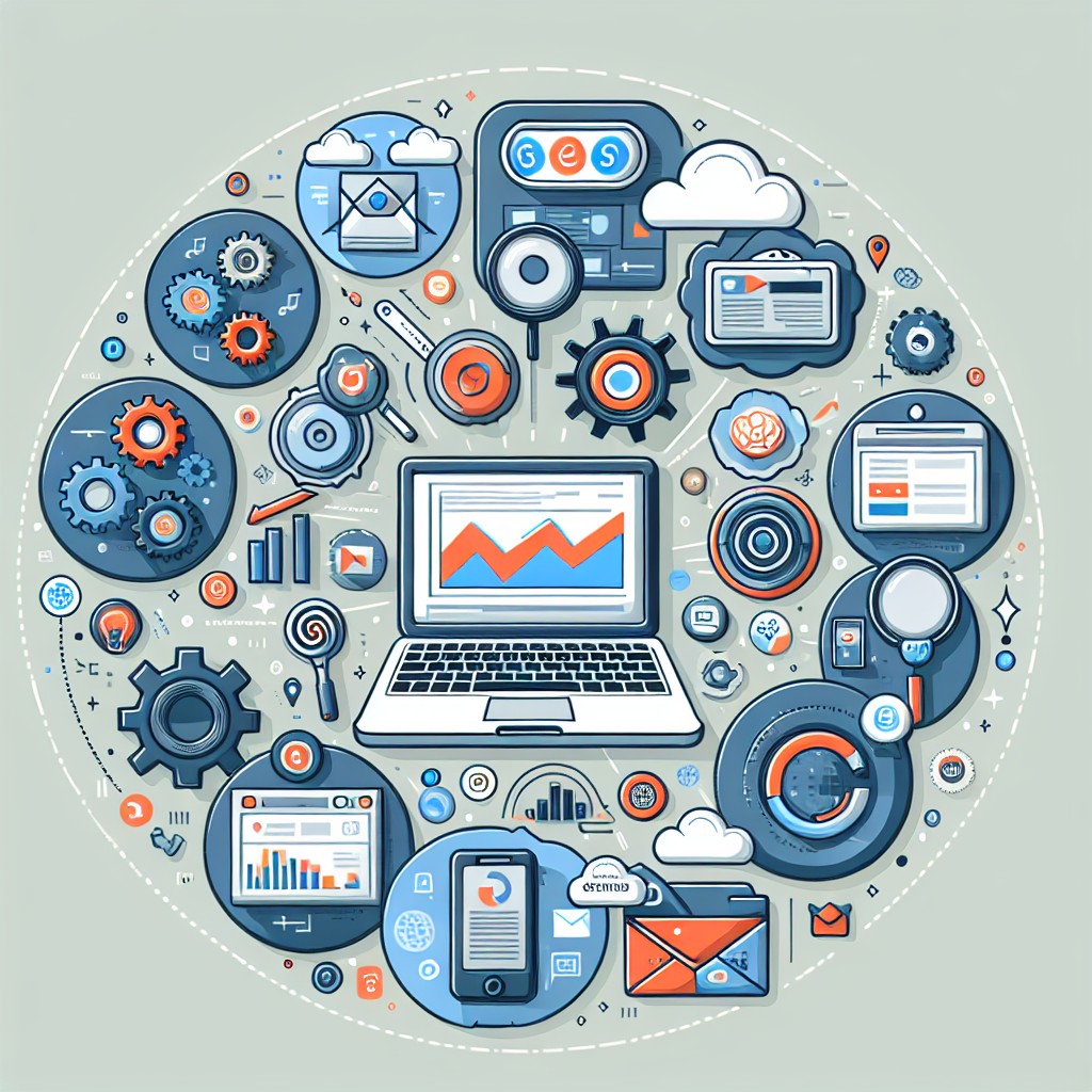 Une illustration d'une entreprise connectée numériquement, montrant différents outils de marketing digital autour d'un ordinateur portable.