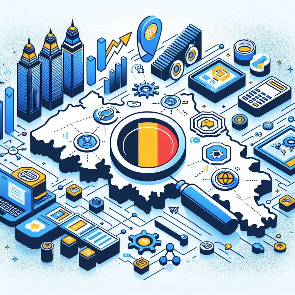 Visuel illustrant les stratégies SEO pour e-commerce en Belgique avec des icônes de moteurs de recherche, des outils SEO et des cartes de Belgique.