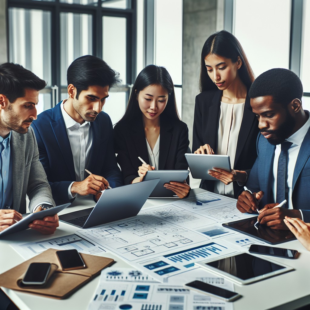 Une équipe professionnelle collaborant sur des solutions numériques à l'aide de divers appareils technologiques.