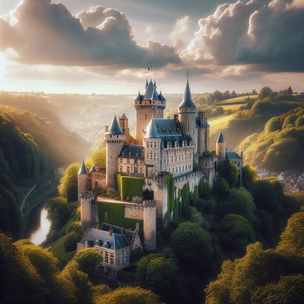 Une vue pittoresque d'un château médiéval wallon, entouré de verdure et baigné de lumière naturelle.